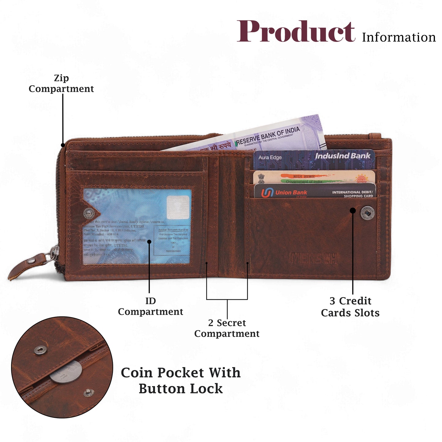MENSCH® Genuine Leather RFID-Blocking Bifold Wallet for Men