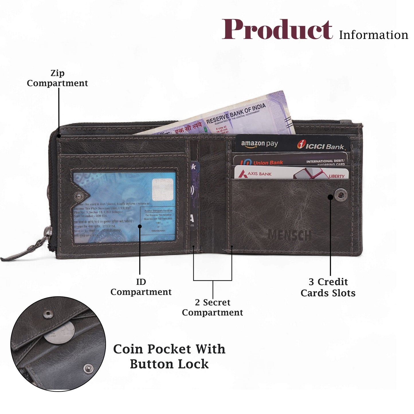 MENSCH® Genuine Leather RFID-Blocking Bifold Wallet for Men