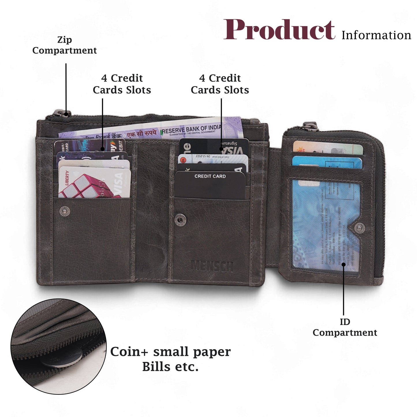 Mensch Genuine Leather Bifold Wallet with RFID Protected & Zippered pocket Wallet