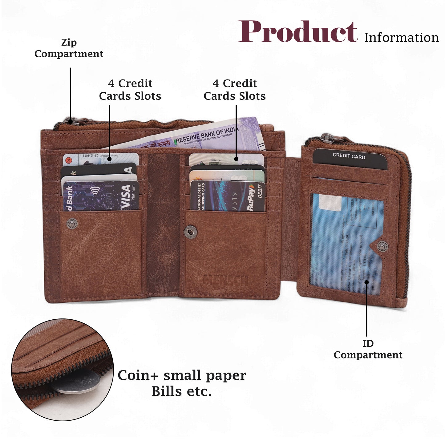 Mensch Genuine Leather Bifold Wallet with RFID Protected & Zippered pocket Wallet