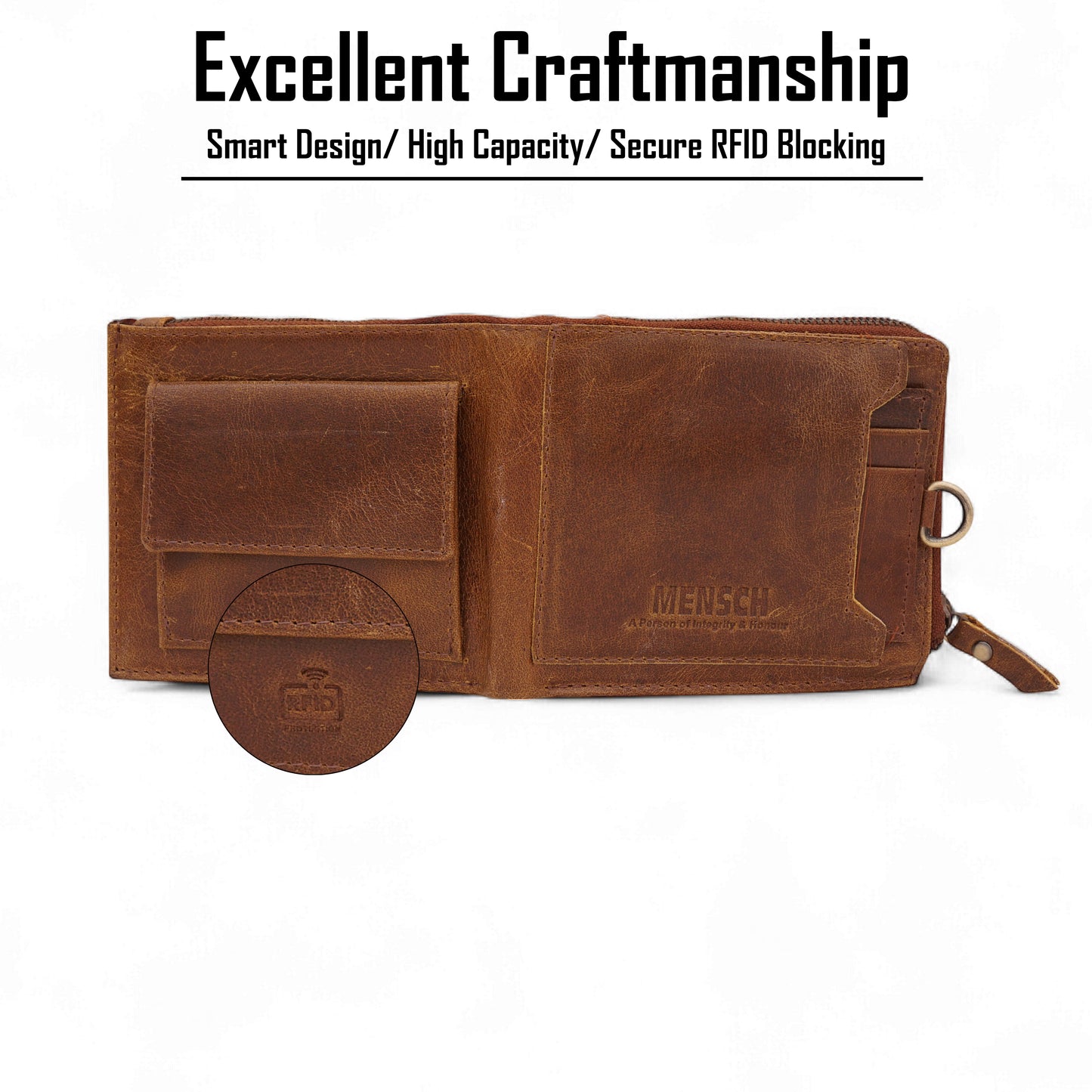 MENSCH® Genuine Leather RFID-Blocking Bifold Wallet for Men