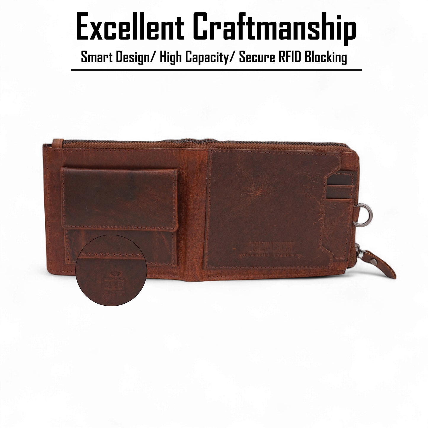 MENSCH® Genuine Leather RFID-Blocking Bifold Wallet for Men