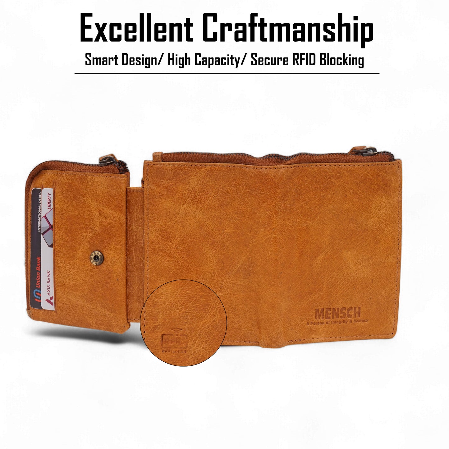 Mensch Genuine Leather Bifold Wallet with RFID Protected & Zippered pocket Wallet