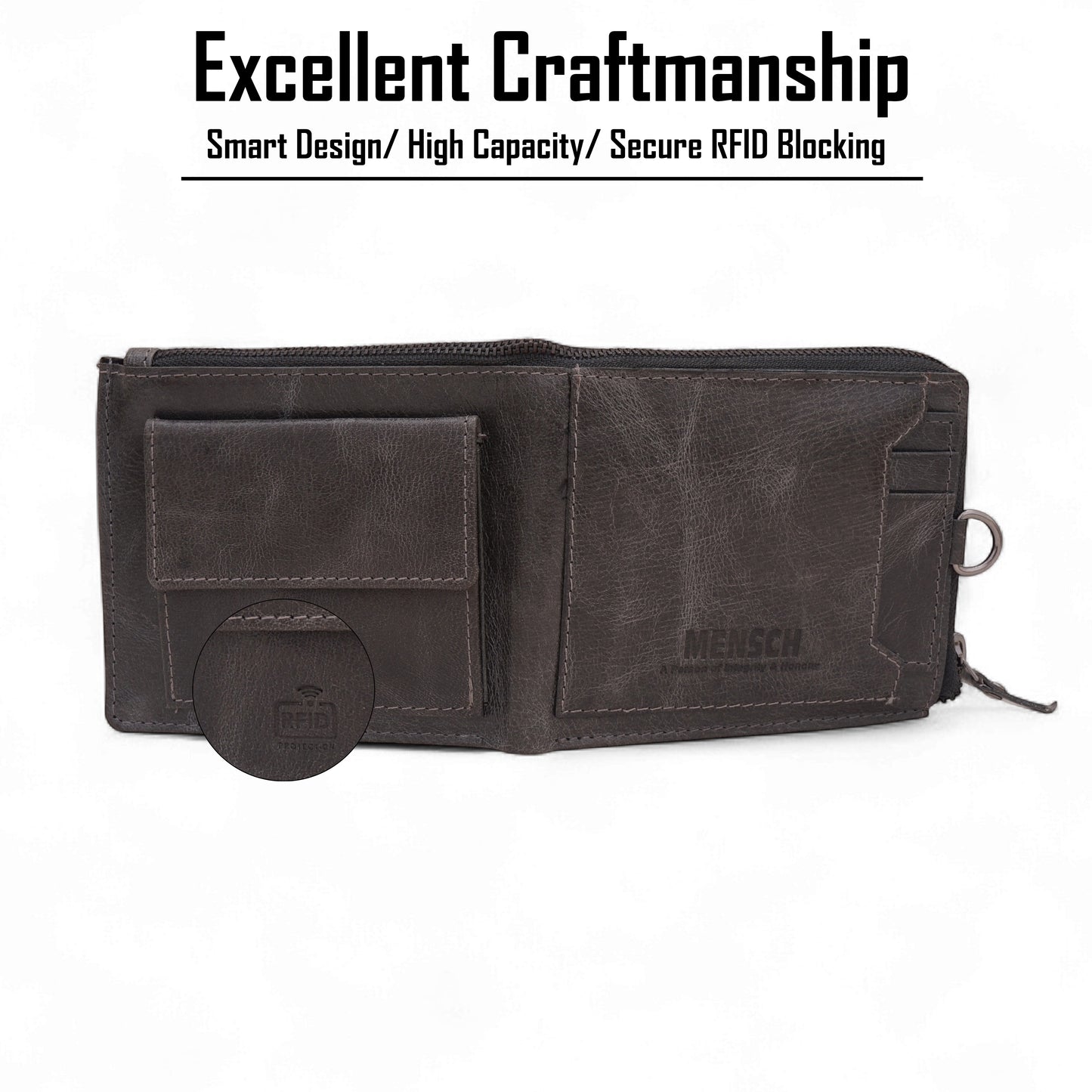 MENSCH® Genuine Leather RFID-Blocking Bifold Wallet for Men