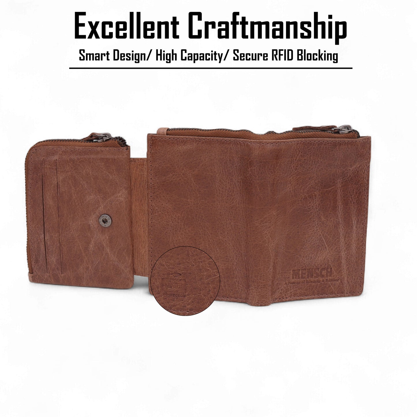 Mensch Genuine Leather Bifold Wallet with RFID Protected & Zippered pocket Wallet