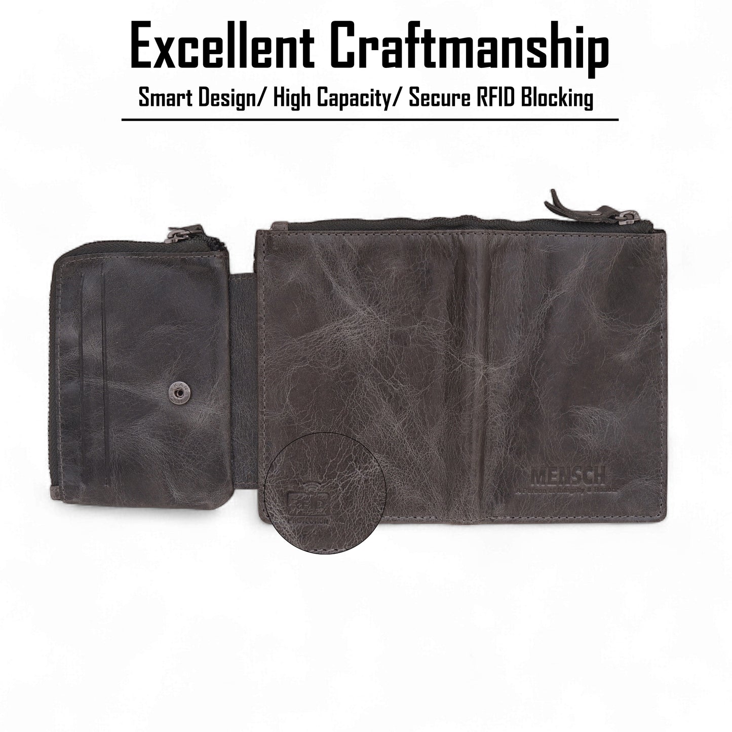 Mensch Genuine Leather Bifold Wallet with RFID Protected & Zippered pocket Wallet