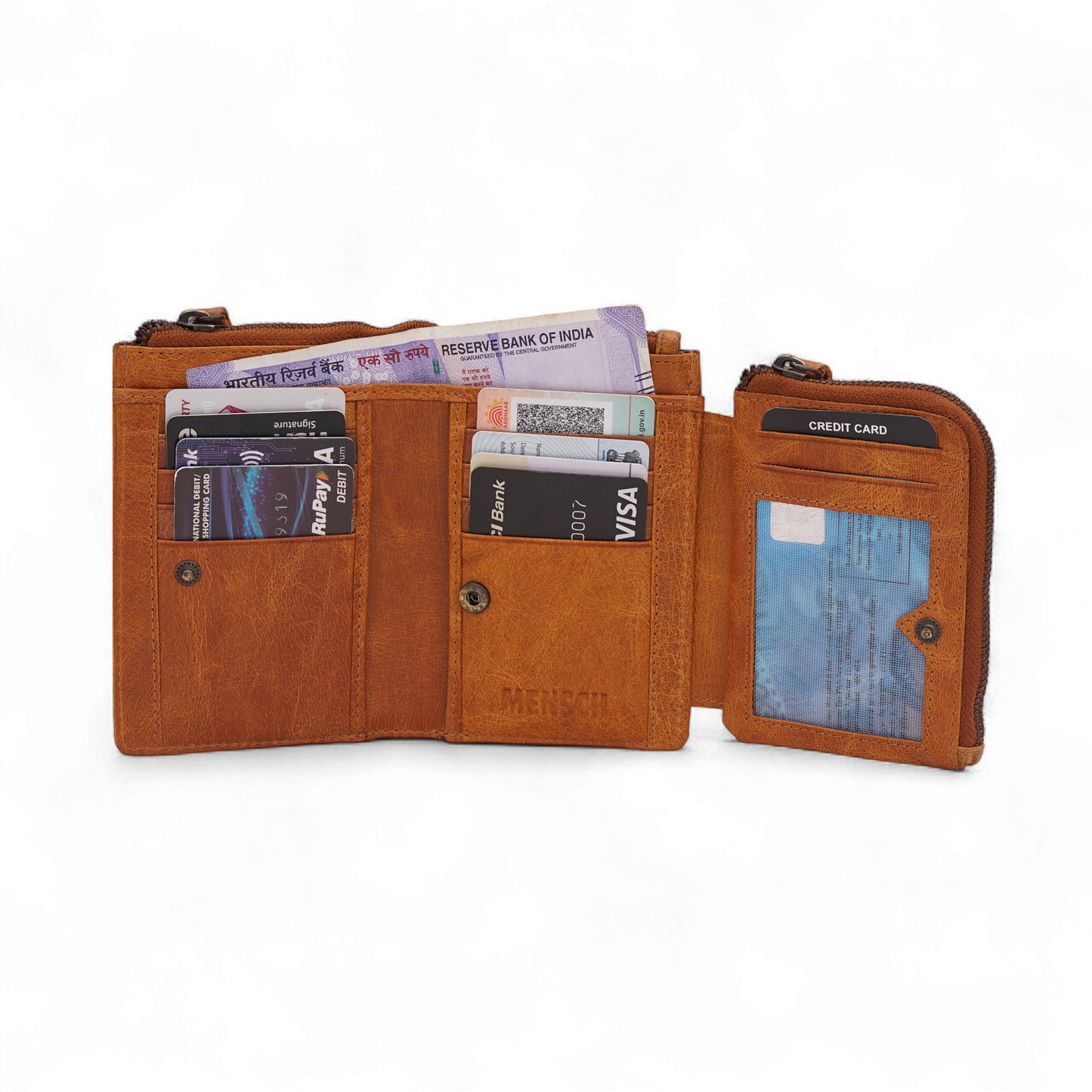 Mensch Genuine Leather Bifold Wallet with RFID Protected & Zippered pocket Wallet
