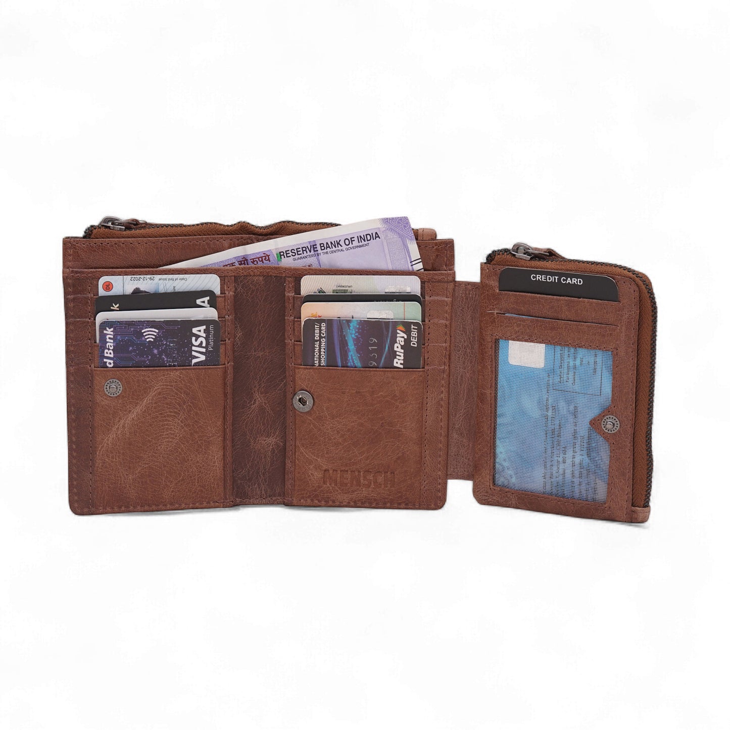 Mensch Genuine Leather Bifold Wallet with RFID Protected & Zippered pocket Wallet
