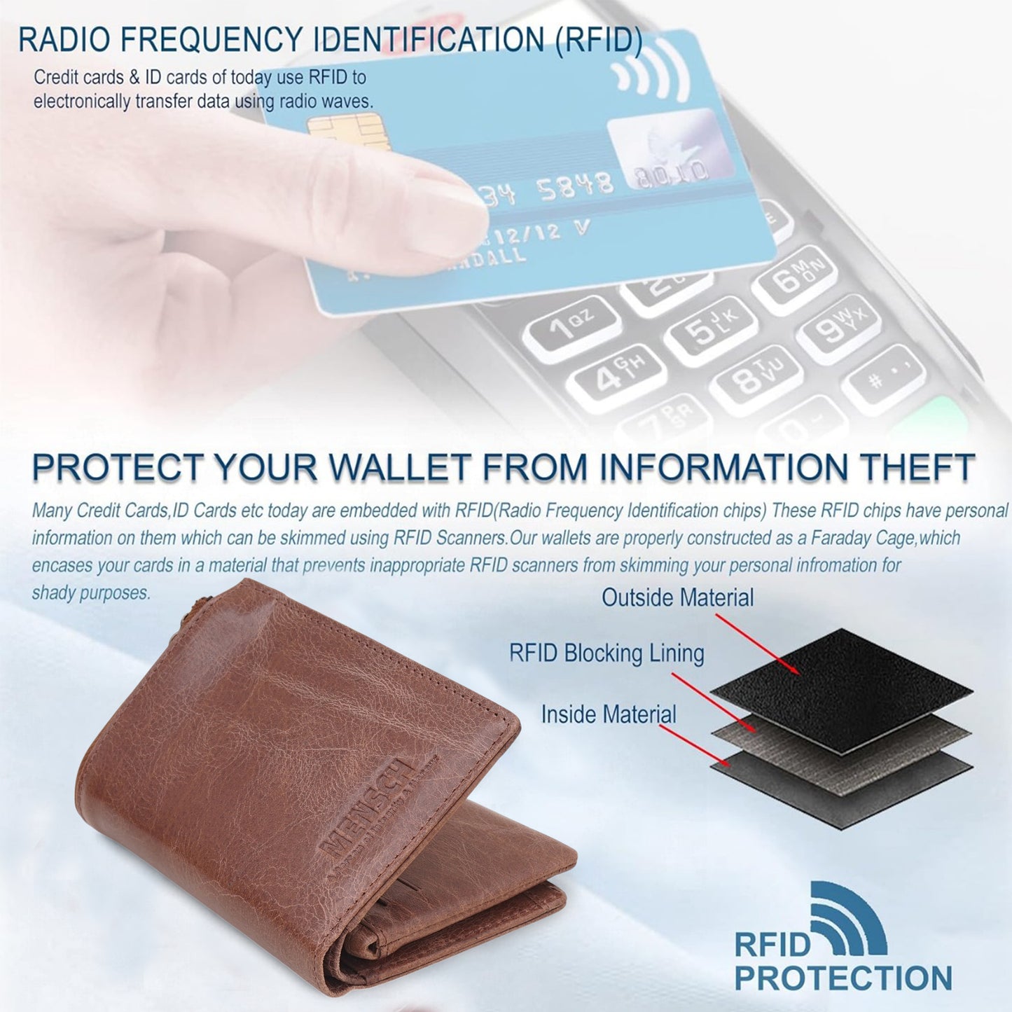 Mensch Genuine Leather Bifold Wallet with RFID Protected & Zippered pocket Wallet