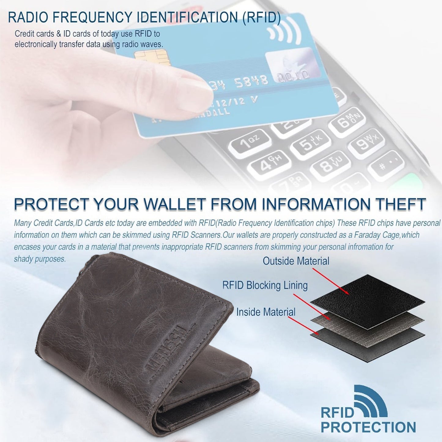 Mensch Genuine Leather Bifold Wallet with RFID Protected & Zippered pocket Wallet