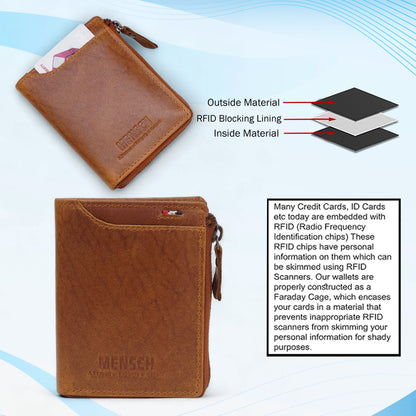 MENSCH® Genuine Leather RFID-Blocking Bifold Wallet for Men with Flip Design.