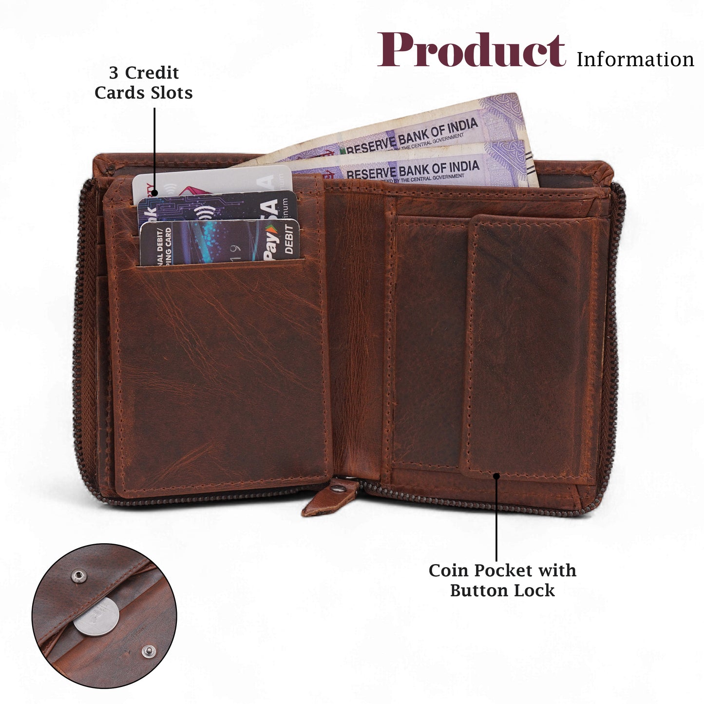 MENSCH® Genuine Leather RFID-Blocking Bifold Wallet for Men with Flip Design.