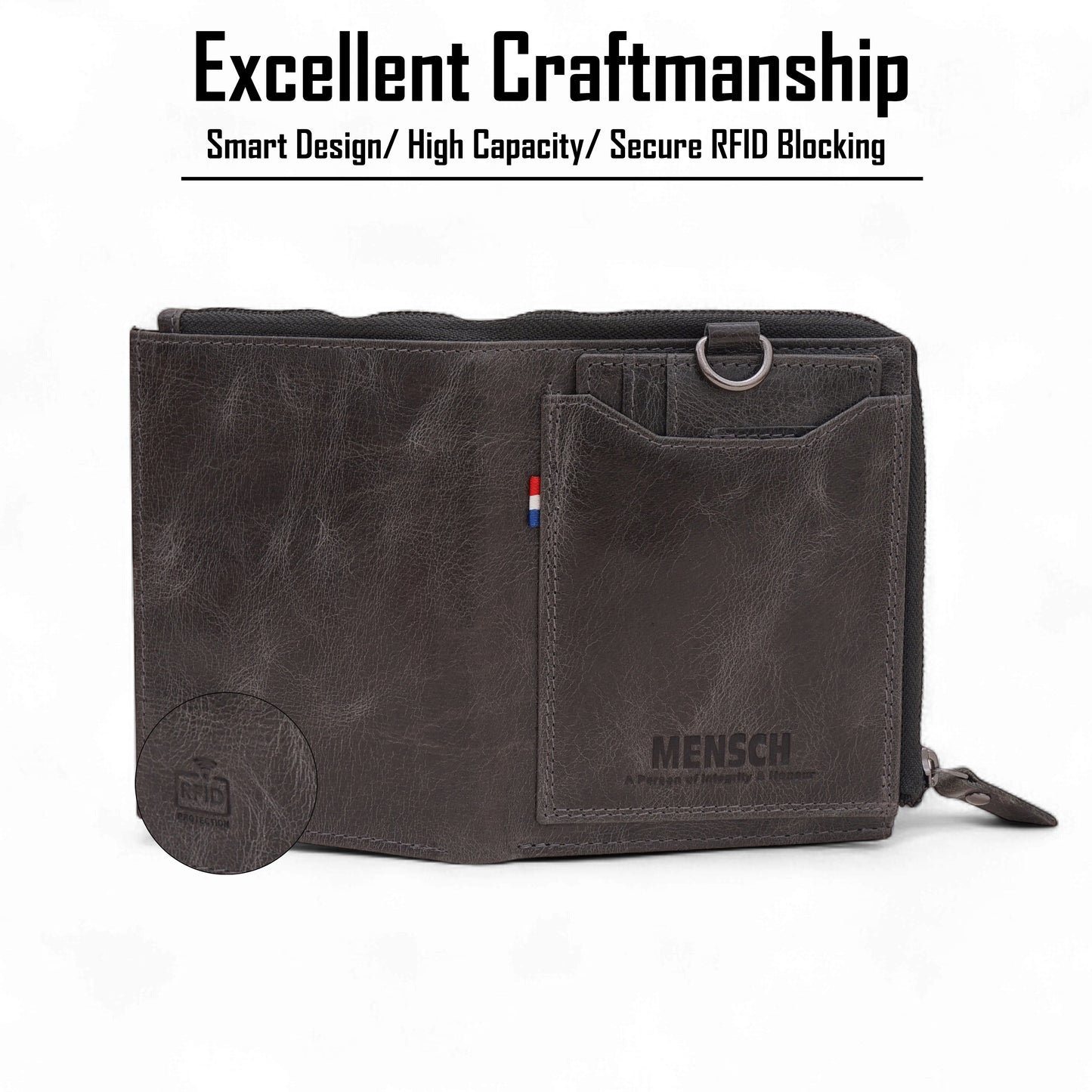 MENSCH® Genuine Leather RFID-Protected Bifold Wallet for Men with Detachable Card Holder