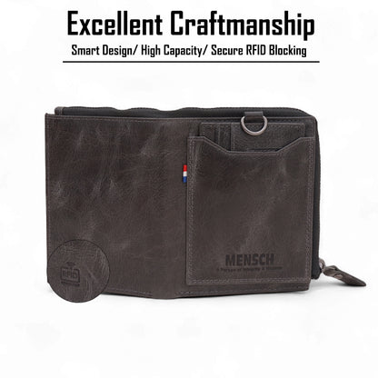 MENSCH® Genuine Leather RFID-Protected Bifold Wallet for Men with Detachable Card Holder