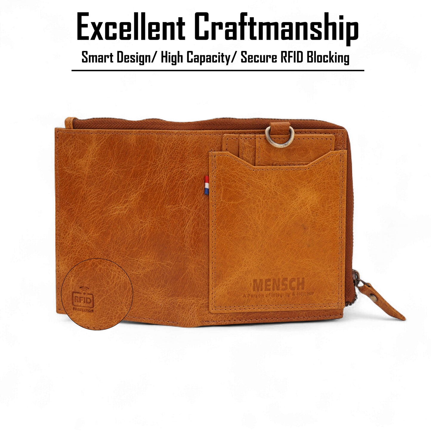 MENSCH® Genuine Leather RFID-Protected Bifold Wallet for Men with Detachable Card Holder