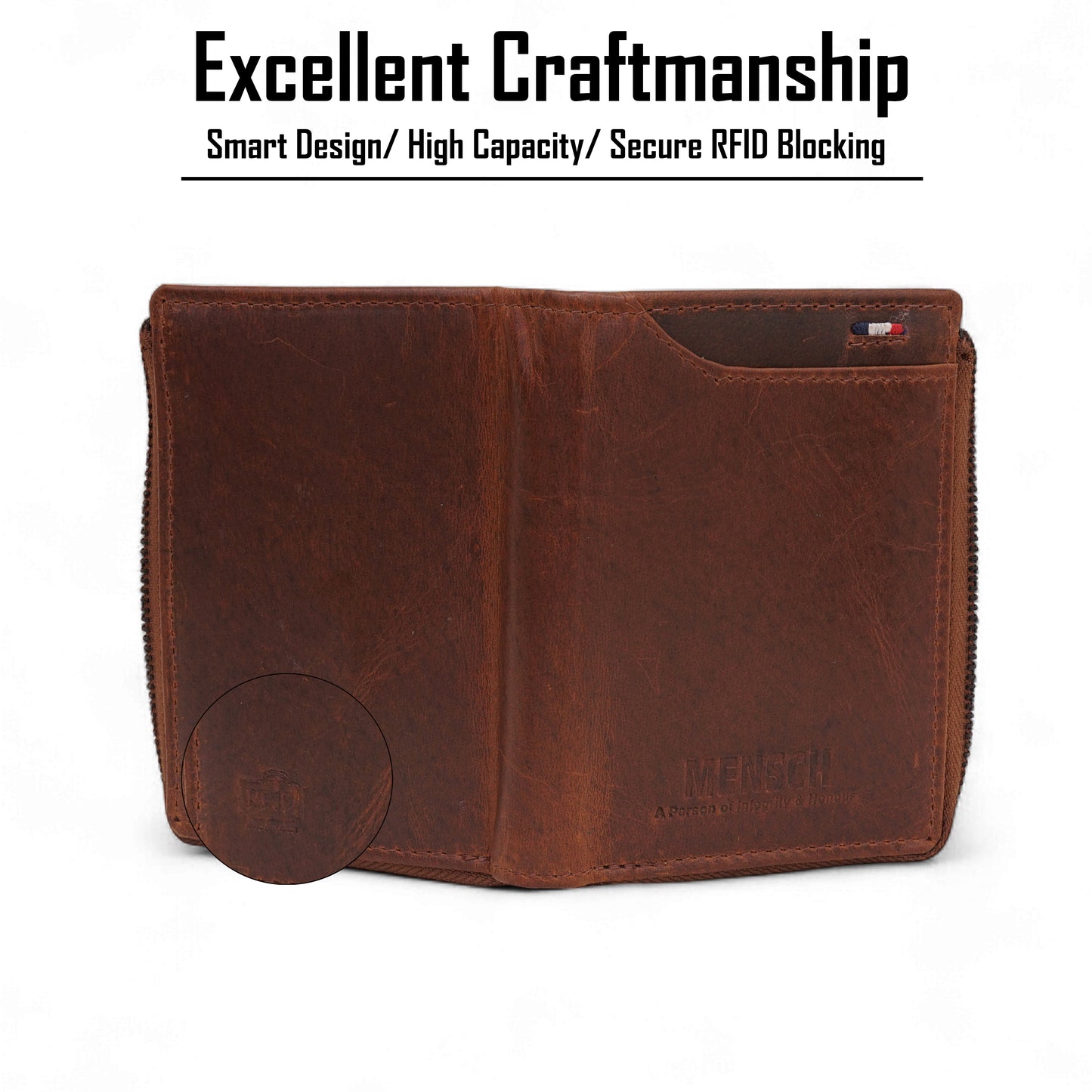 MENSCH® Genuine Leather RFID-Blocking Bifold Wallet for Men with Flip Design.