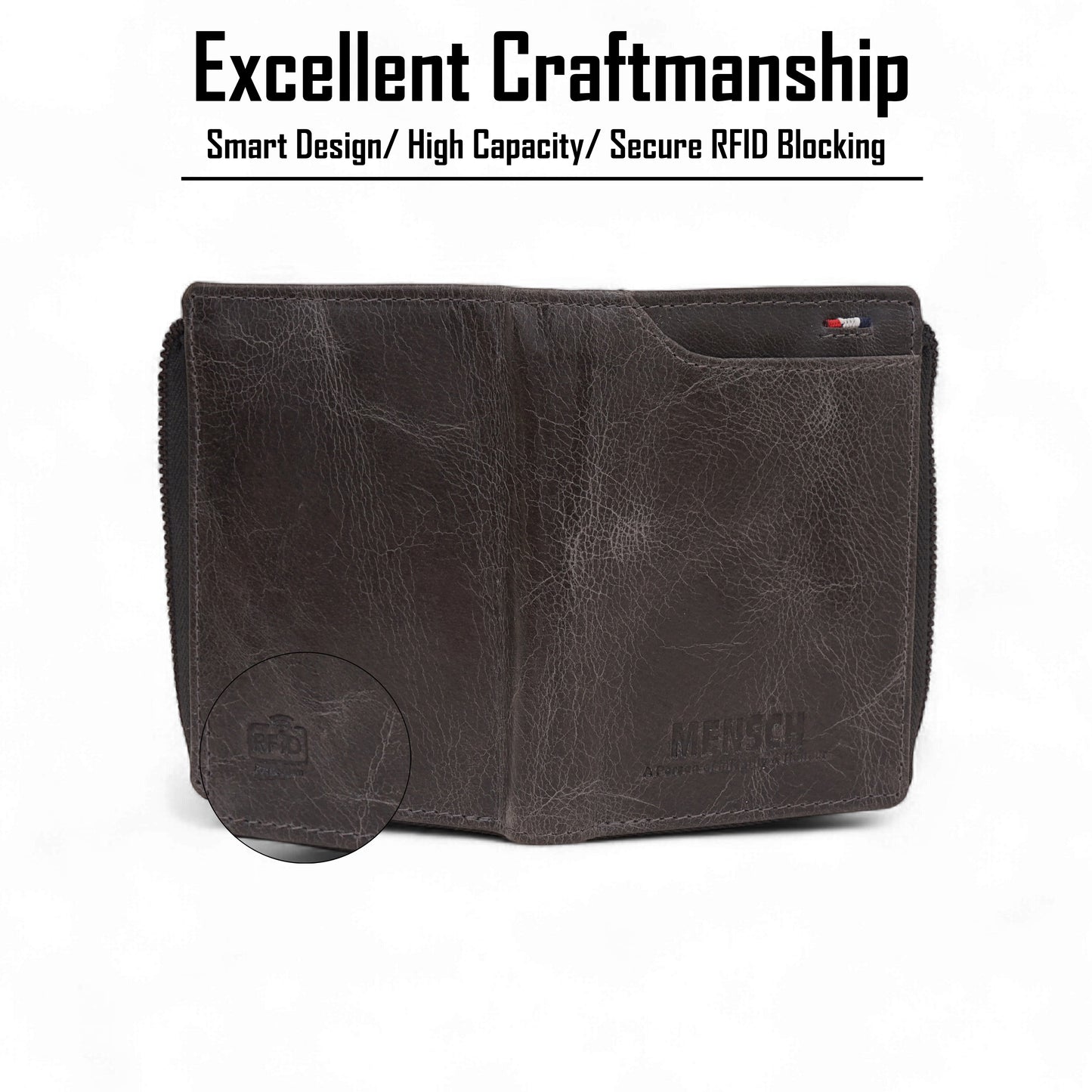MENSCH® Genuine Leather RFID-Blocking Bifold Wallet for Men with Flip Design.