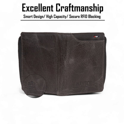 MENSCH® Genuine Leather RFID-Blocking Bifold Wallet for Men with Flip Design.