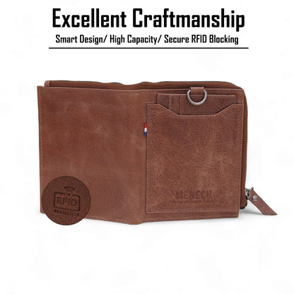 MENSCH® Genuine Leather RFID-Protected Bifold Wallet for Men with Detachable Card Holder