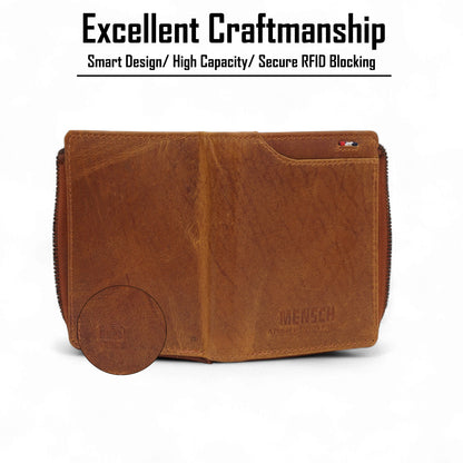 MENSCH® Genuine Leather RFID-Blocking Bifold Wallet for Men with Flip Design.