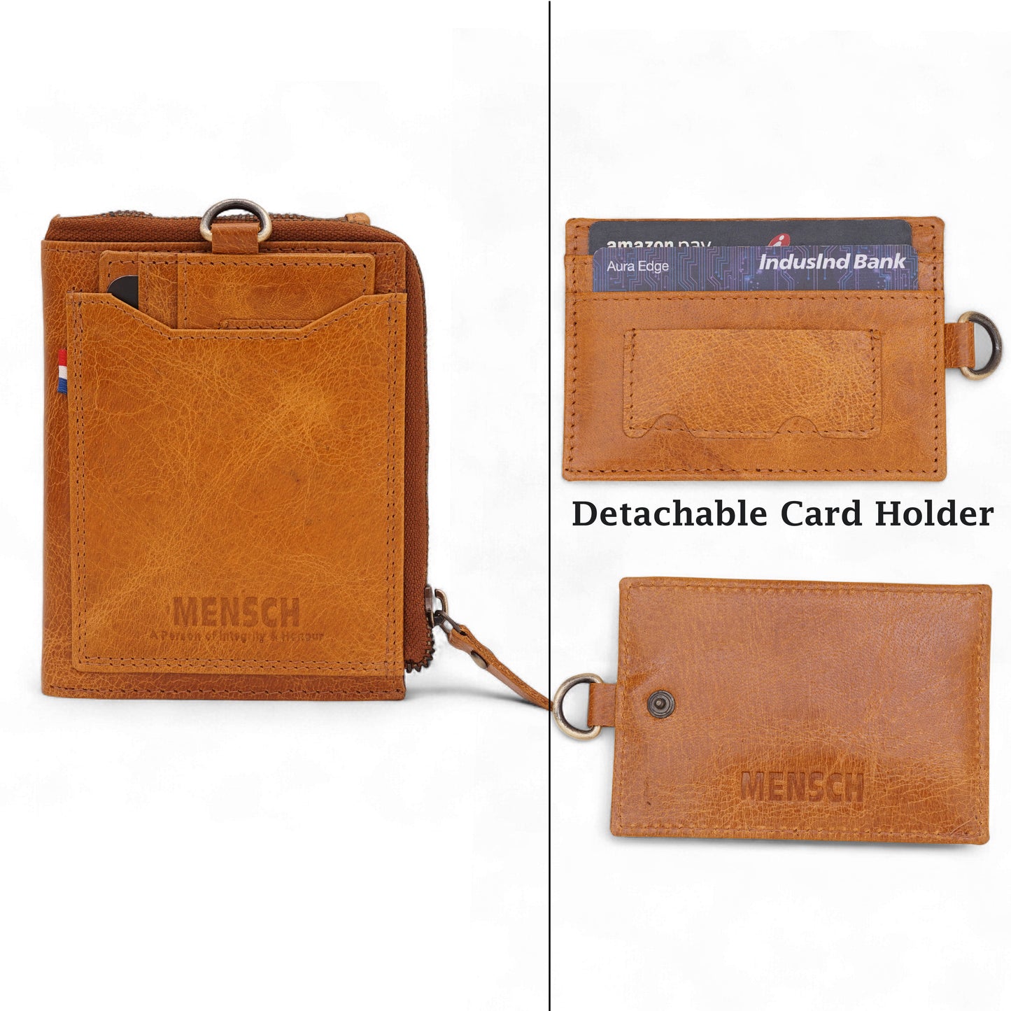 MENSCH® Genuine Leather RFID-Protected Bifold Wallet for Men with Detachable Card Holder