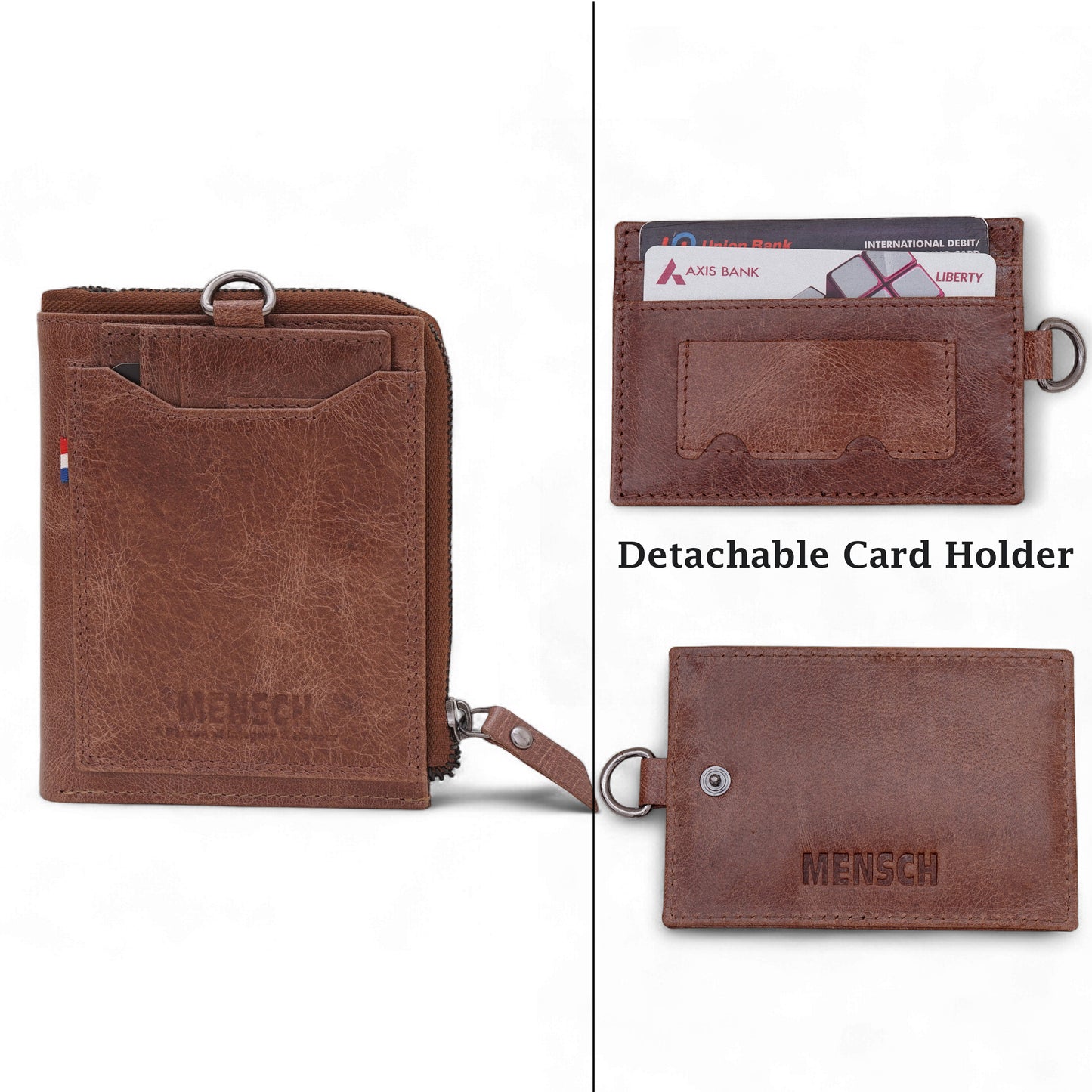 MENSCH® Genuine Leather RFID-Protected Bifold Wallet for Men with Detachable Card Holder