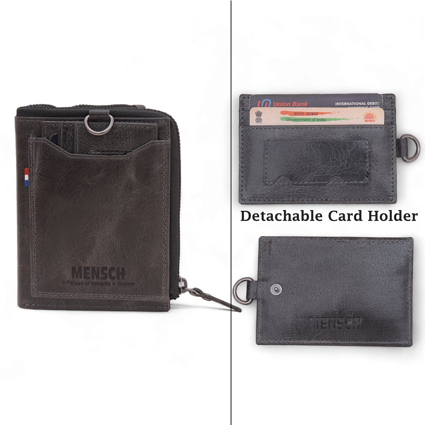 MENSCH® Genuine Leather RFID-Protected Bifold Wallet for Men with Detachable Card Holder