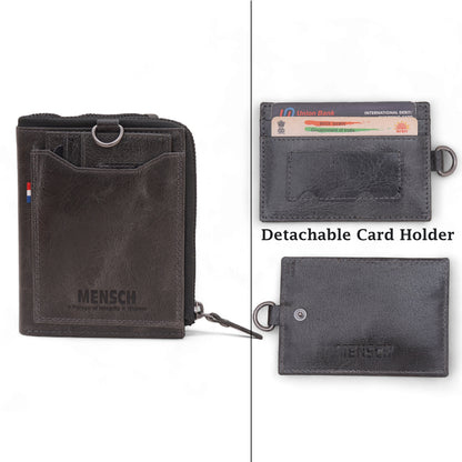 MENSCH® Genuine Leather RFID-Protected Bifold Wallet for Men with Detachable Card Holder