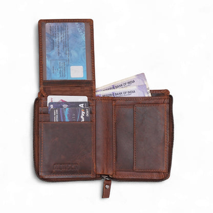 MENSCH® Genuine Leather RFID-Blocking Bifold Wallet for Men with Flip Design.