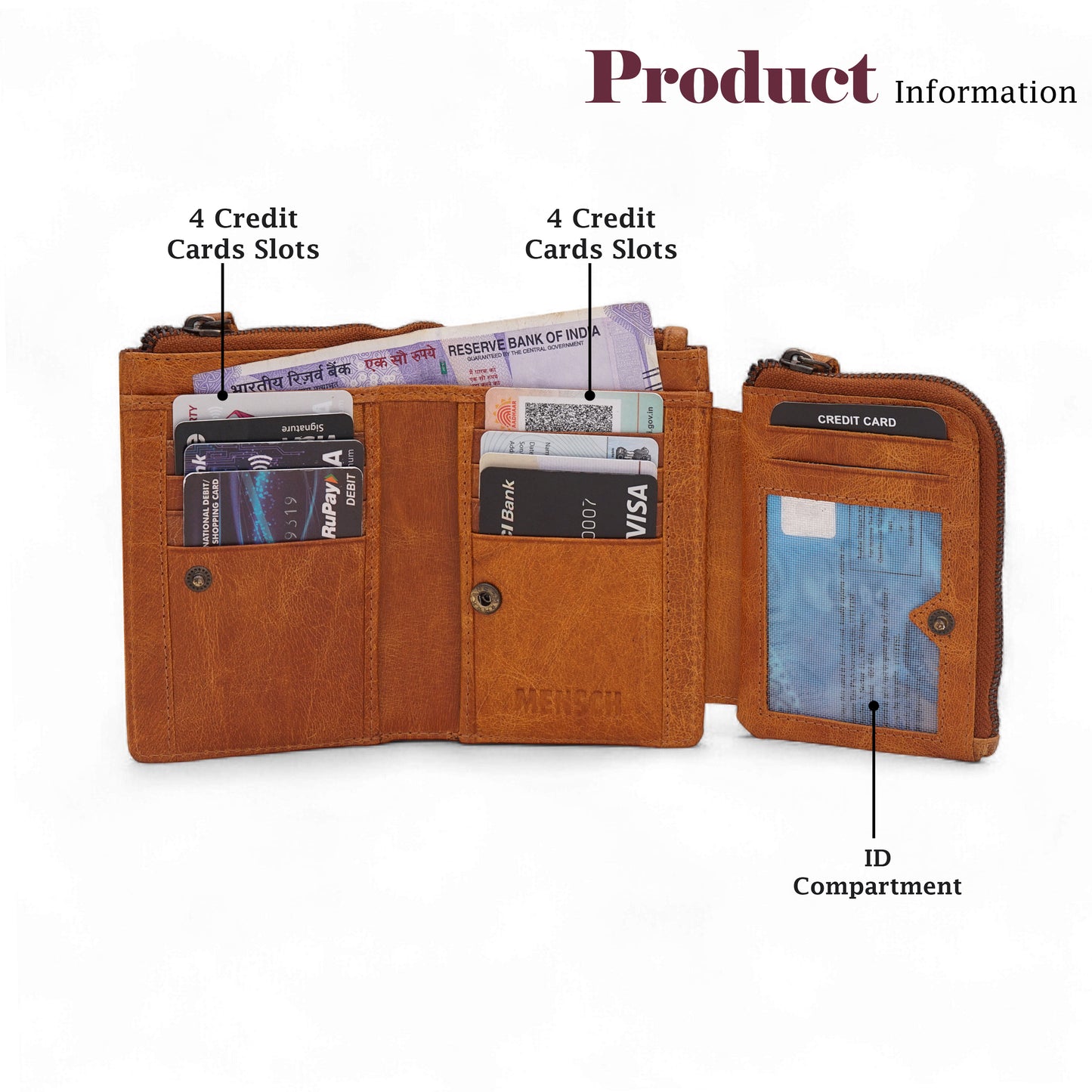 Mensch Genuine Leather Bifold Wallet with RFID Protected & Zippered  pocket Wallet