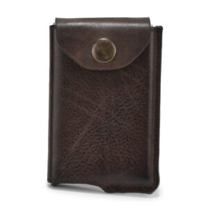 SS Metal Push Button Card Holder With Leather Cover & Secure Flap Lock (Tan)