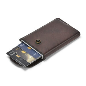 SS Metal Push Button Card Holder With Leather Cover & Secure Flap Lock (Tan)