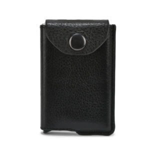 SS Metal Push Button Card Holder With Leather Cover & Secure Flap Lock (Black)