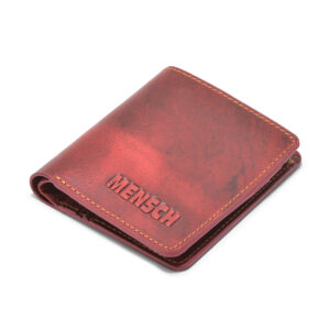 MMMNS-0101 Mensch Premium Vintage Crunch Leather With Natural Scars Bi Fold Book Shape Mini Wallet With Small Pen & Zipper Pocket (RED)