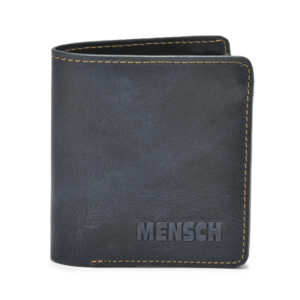 MMMNS-0101 Mensch Premium Vintage Crunch Leather With Natural Scars Bi Fold Book Shape Mini Wallet With Small Pen & Zipper Pocket (BLUE)