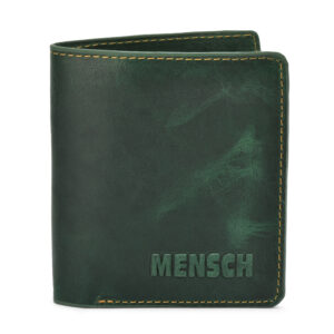 MMMNS-0101 Mensch Premium Vintage Crunch Leather With Natural Scars Bi Fold Book Shape Mini Wallet With Small Pen & Zipper Pocket (GREEN)