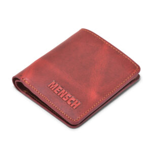 MMMNS-0100 Mensch Premium Vintage Crunch Leather With Natural Scars Bi Fold Book Shape Mini Wallet With Small Pen & Inside Hidden Flap Pocket (Red)