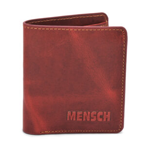 MMMNS-0100 Mensch Premium Vintage Crunch Leather With Natural Scars Bi Fold Book Shape Mini Wallet With Small Pen & Inside Hidden Flap Pocket (Red)