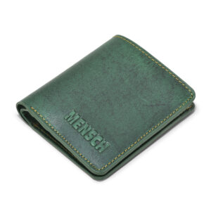 MMMNS-0100  Mensch Premium Vintage Crunch Leather With Natural Scars Bi Fold Book Shape Mini Wallet With Small Pen & Inside Hidden Flap Pocket (Green)