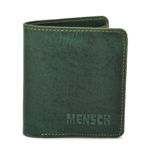 MMMNS-0100  Mensch Premium Vintage Crunch Leather With Natural Scars Bi Fold Book Shape Mini Wallet With Small Pen & Inside Hidden Flap Pocket (Green)