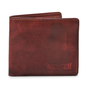 MMMNS-105 Mensch Premium Vintage Crunch Leather With Natural Scars Bi Fold Wallet With Slider Detachable Card Holder Flap (Red)