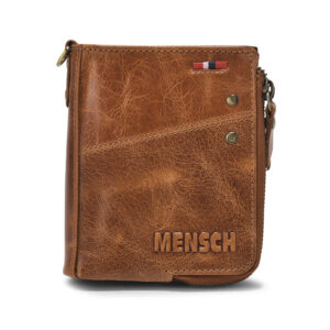 RAMNS - 022 Mensch Premium Vintage Crunch Leather Bi Fold Book Shape Wallet With key holding loop & Both Side 2 Zipper Pocket Tich Lock (Tan)