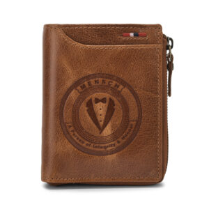 RAMNS - 026 Mensch Premium Vintage Crunch Leather Bi Fold Book Shape Zipper Wallet With Centre Flap & Coin Pocket (Tan)