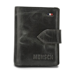 RAMNS - 025 Mensch Premium Vintage Crunch Leather Bi Fold Book Shape Loop Lock Wallet With Centre Flap Zipper Pocket & Sim Pocket (Black)